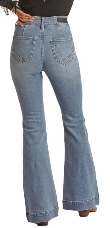 ROCK & ROLL LADIES HIGH RISE EXTRA STRETCH DART AND BUTTON FLARE JEANS