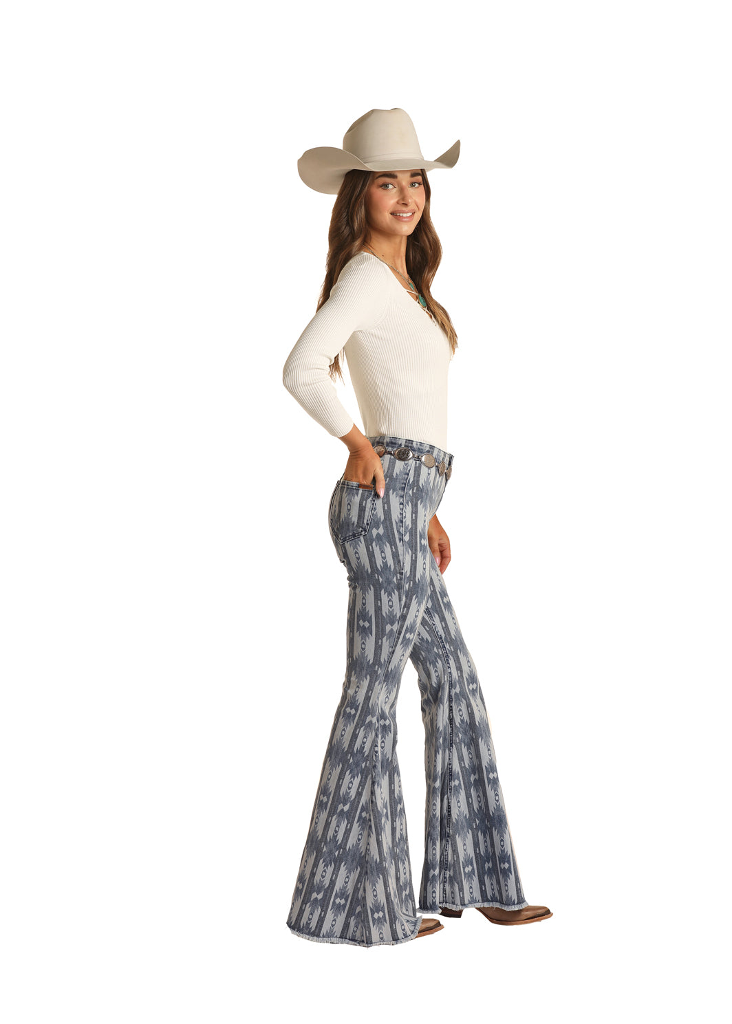 ROCK & ROLL COWGIRL HIGH RISE EXTRA STRETCH AZTEC PRINT BELL BOTTOM JEANS