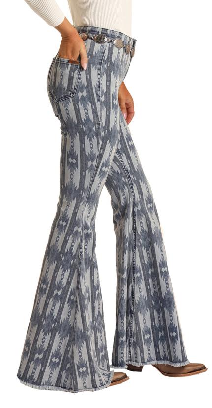 ROCK & ROLL COWGIRL HIGH RISE EXTRA STRETCH AZTEC PRINT BELL BOTTOM JEANS