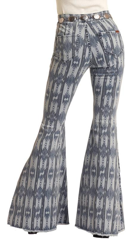 ROCK & ROLL COWGIRL LADIES HIGH RISE EXTRA STRETCH AZTEC PRINT BELL BOTTOM JEANS