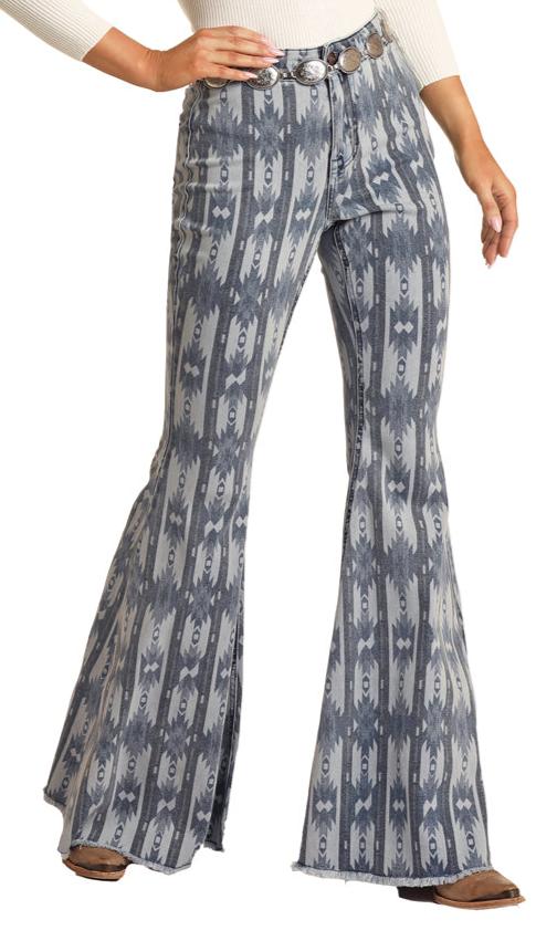 ROCK & ROLL COWGIRL LADIES HIGH RISE EXTRA STRETCH AZTEC PRINT BELL BOTTOM JEANS