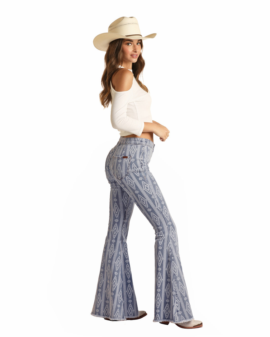 ROCK & ROLL COWGIRL BUTTON BELLS HIGH RISE EXTRA STRETCH AZTEC FLARE JEANS