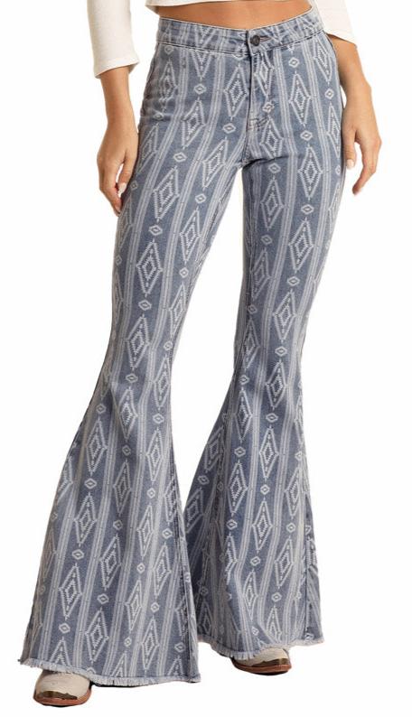 ROCK & ROLL COWGIRL LADIES BUTTON BELLS HIGH RISE EXTRA STRETCH AZTEC FLARE JEANS