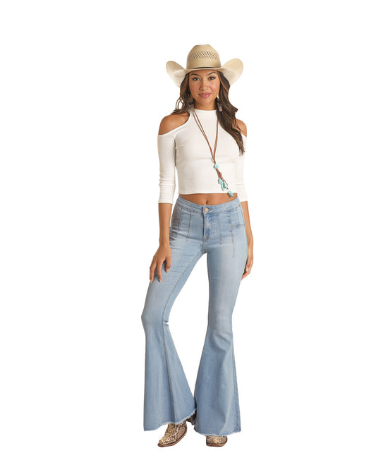 Rock & Roll Cowgirl Pull-on Button Bell Stretch Jean - Light Wash