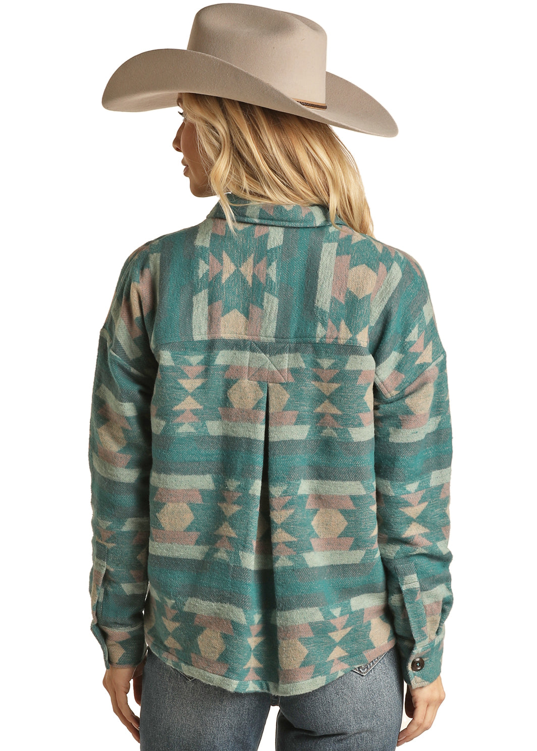 ROCK & ROLL COWGIRL WOMEN'S BOXY FIT SHIRT JACKET - TEAL