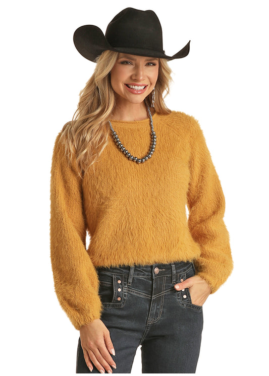 PANHANDLE Ladies Fuzzy Solid Mustard Sweater