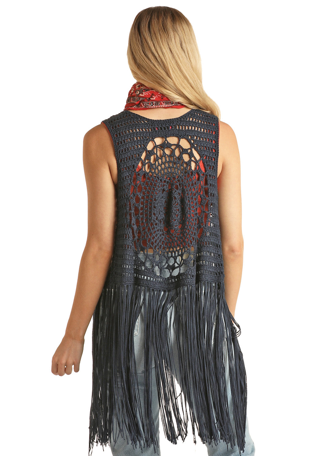 Rock and Roll Women's Navy Vest with Fringe at Hem