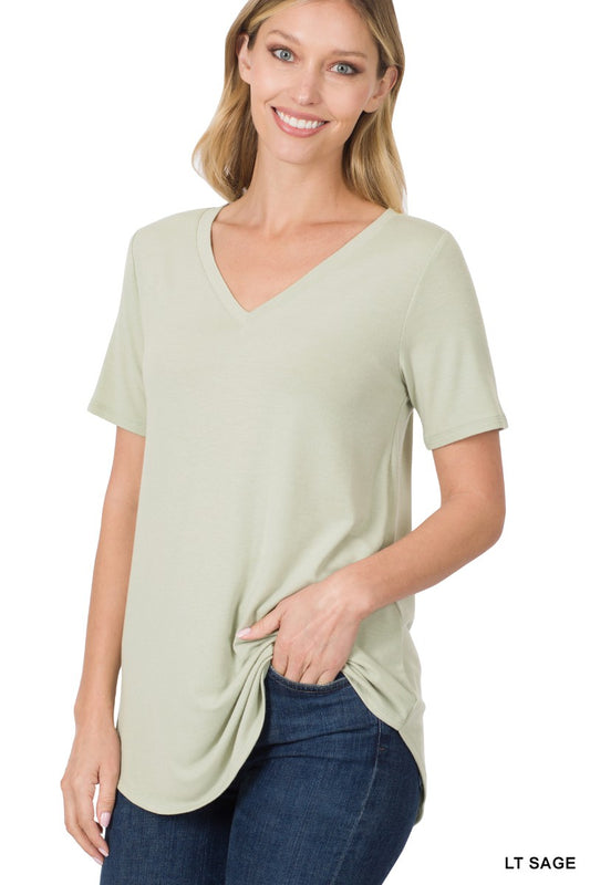 SHORT SLEEVE V-NECK ROUND HEM TEE in SAGE