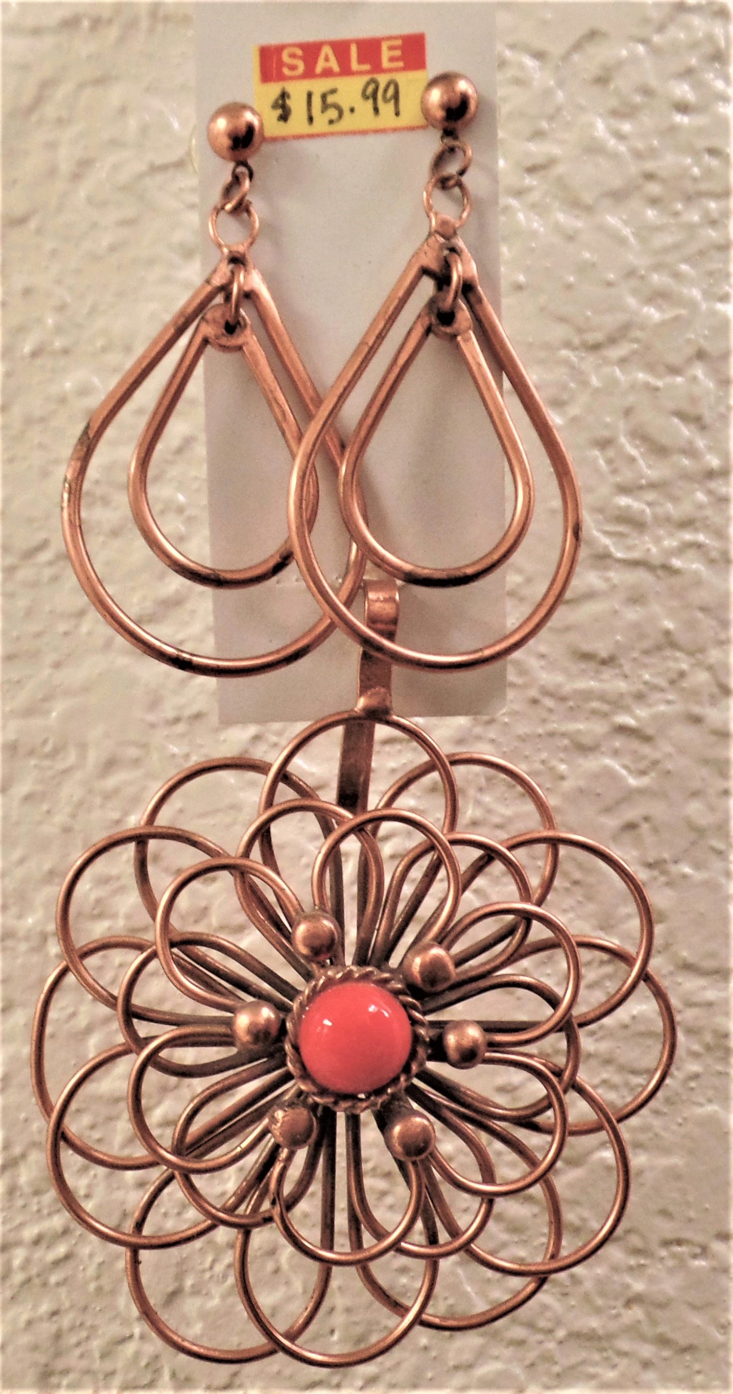 Copper Flower/Red Stone Pendant & Earrings Set