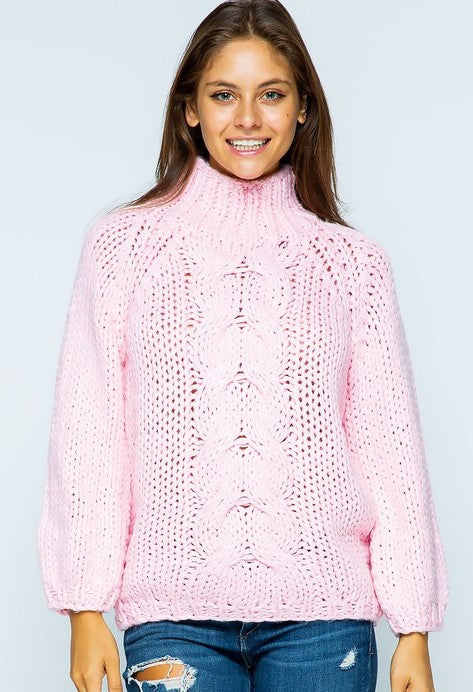 Chunky Hand Knitted Cable Sweater in Soft Pink