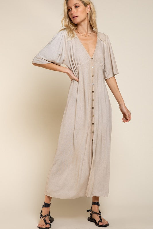 KNIT BUTTON FRONT MIDI DRESS in SAND