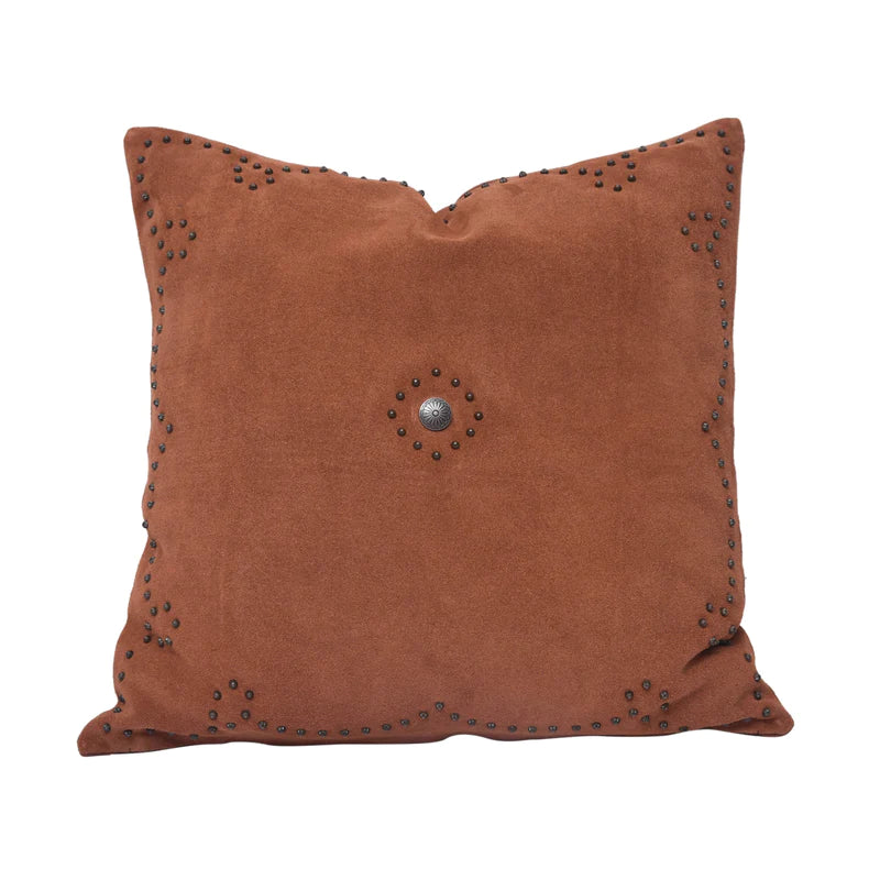 WESTERN SUEDE ANTIQUE SILVER CONCHO & STUDDED PILLOW in TOBACCO