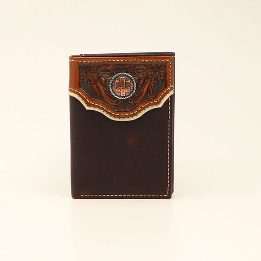 TRIFOLD WALLET FLORAL EMBOSED OVERLAY BROWN