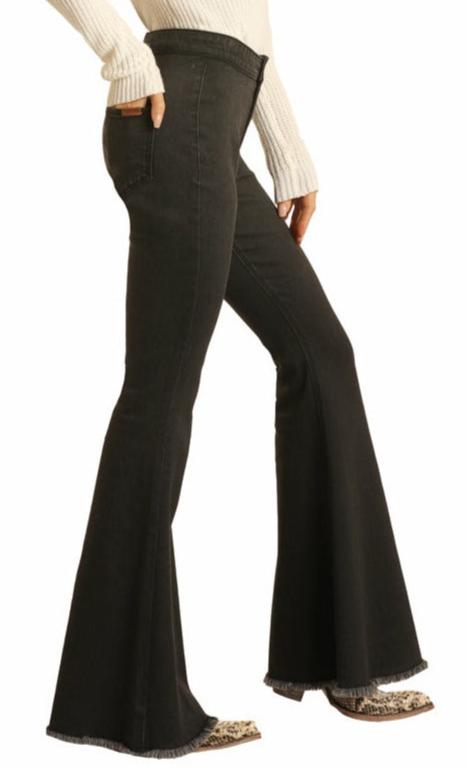 Rock & Roll Cowgirl Bargain Bells High Rise Pull-On Stretch Bell Bottom Jeans - Black