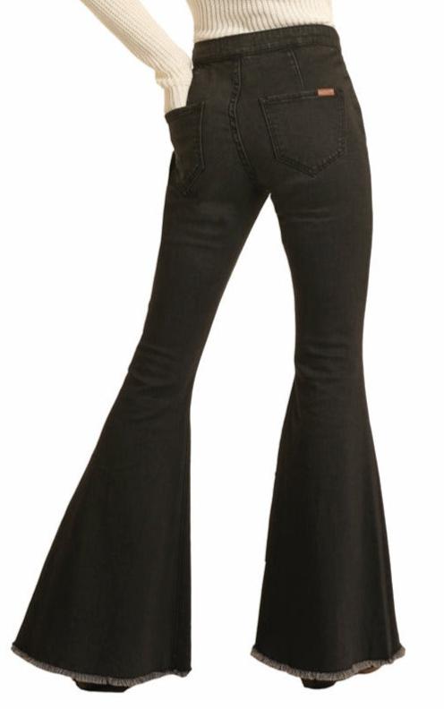 Rock & Roll Cowgirl Bargain Bells High Rise Pull-On Stretch Bell Bottom Jeans - Black