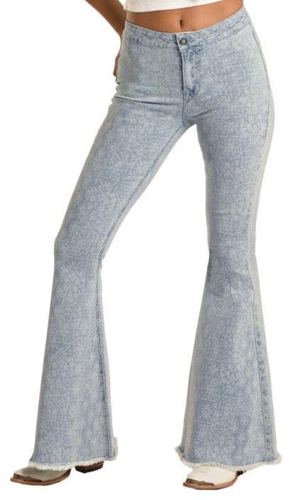 Rock & Roll Cowgirl Junior's Bargain Bells High Rise Extra Stretch Bell Bottom Jeans FLORAL
