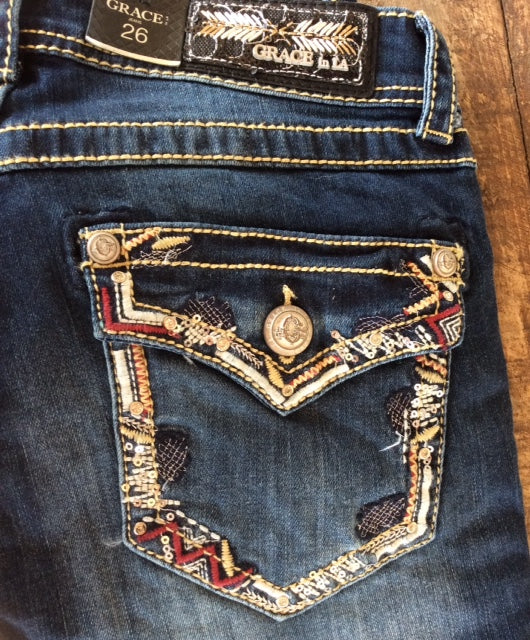 Grace In LA Maroon/Gold Faux Flap Boot Cut Jeans