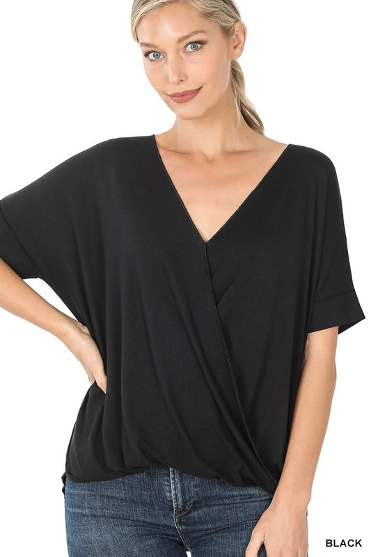 RAYON SPAN CREPE LAYERED-LOOK DRAPED FRONT TOP in BLACK