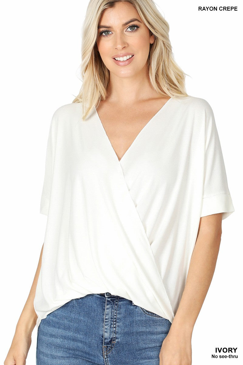 RAYON SPAN CREPE LAYERED-LOOK DRAPED FRONT TOP in IVORY