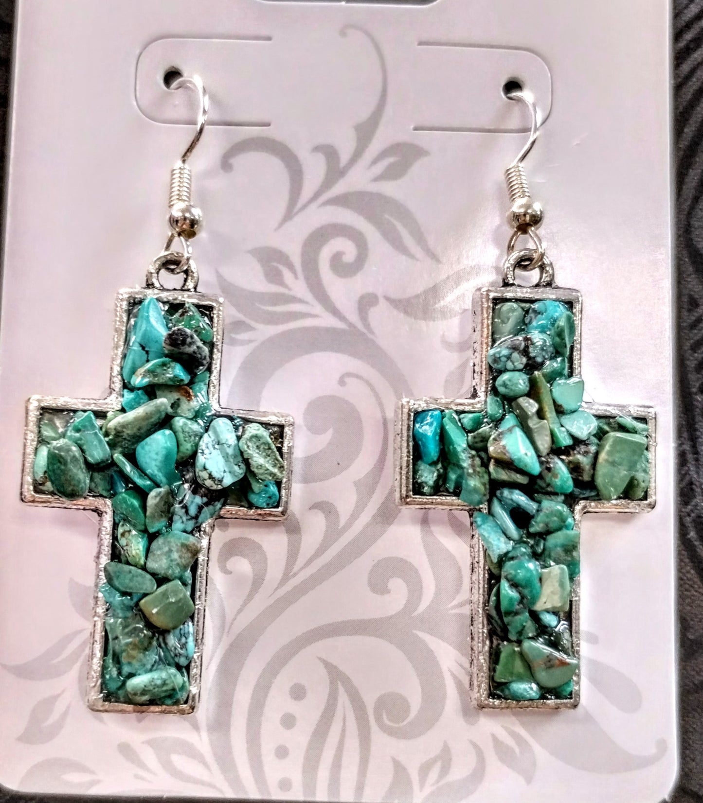 TURQUOISE CHIP CROSS EARRINGS