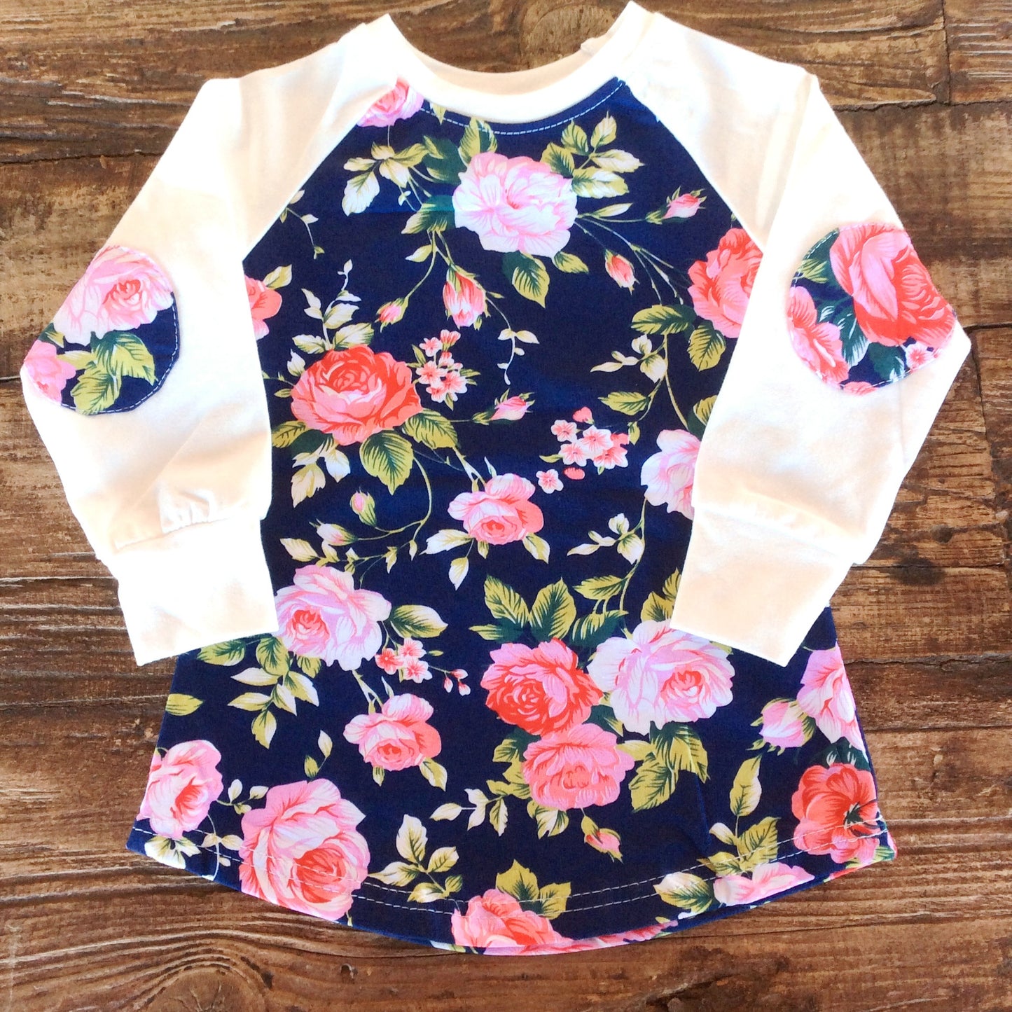 Girls Navy Floral Patch Sleeve Tee