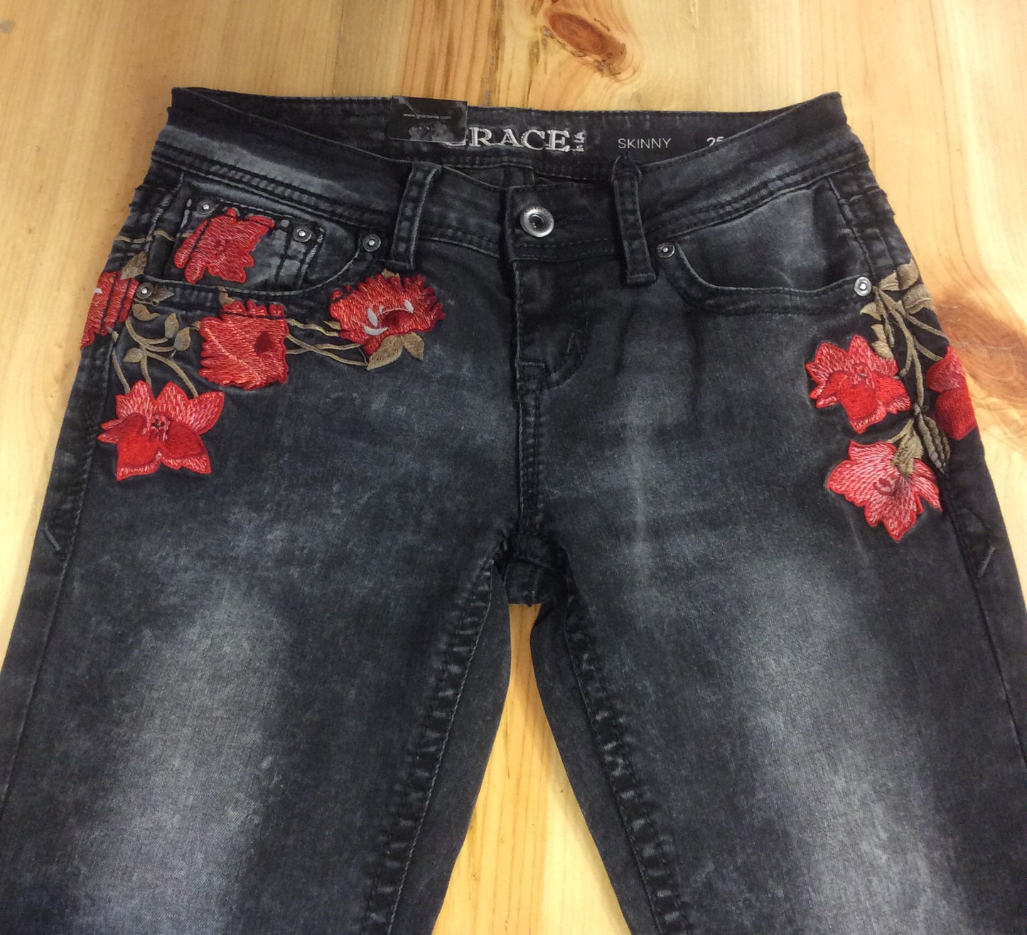 Grace In LA Floral Embroidery Black Skinny Jeans
