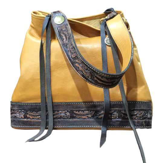 DOUBLE J SADDLERY BUCKSKIN FEATHER TOOLED BIG TOTE