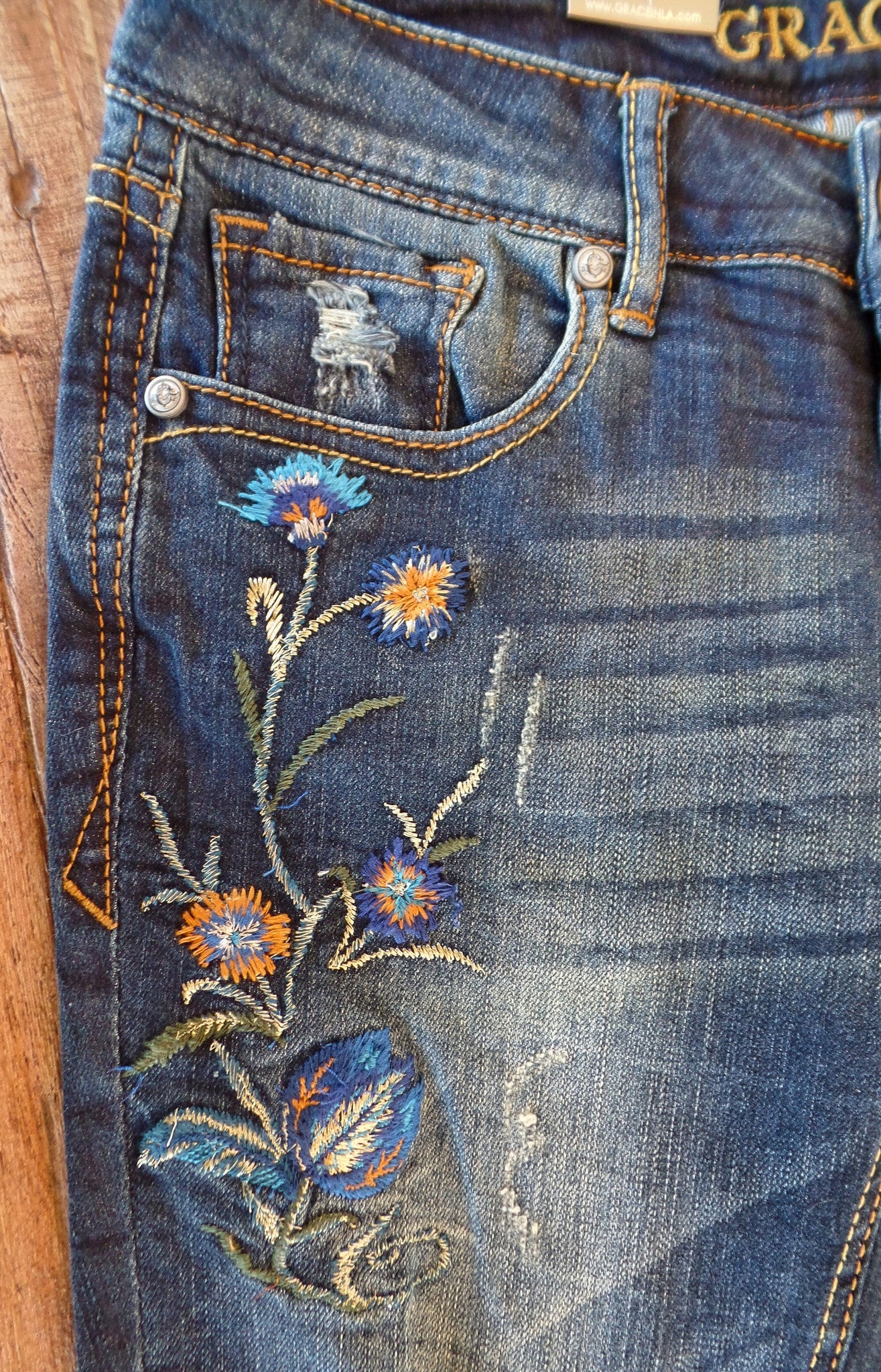 Grace In LA Aurora Distressed Floral Skinny Jeans