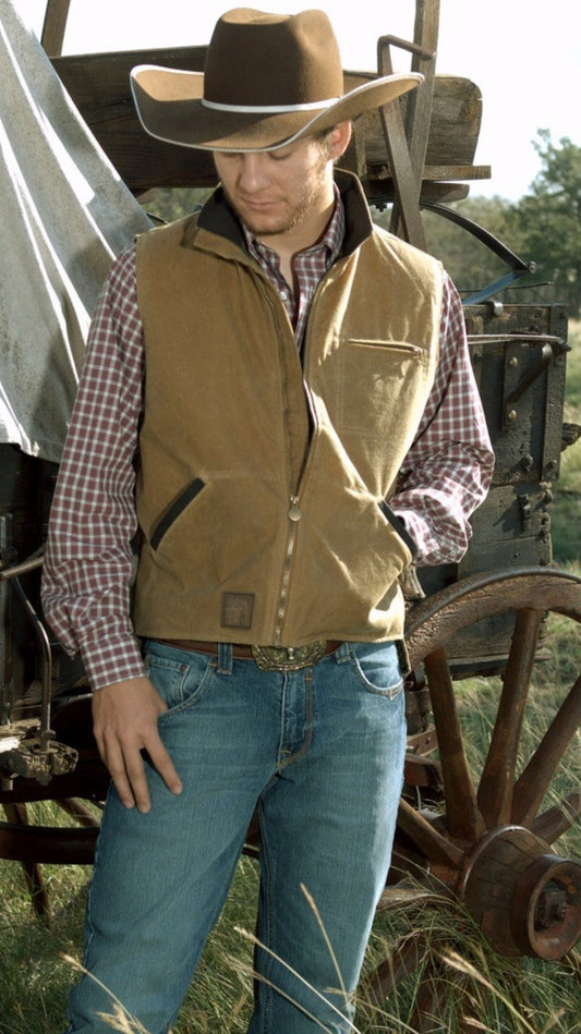 Outback Trading Co. Sawbuck Oilskin Vest in Field Tan or Bronze