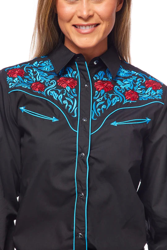RODEO CLOTHING WOMEN'S LONG SLEEVE FLORAL EMBROIDERY WESTERN SHIRT in NAVY