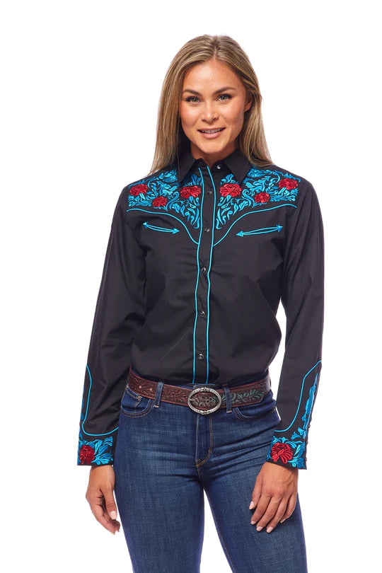 RODEO CLOTHING WOMEN'S LONG SLEEVE FLORAL EMBROIDERY WESTERN SHIRT in NAVY