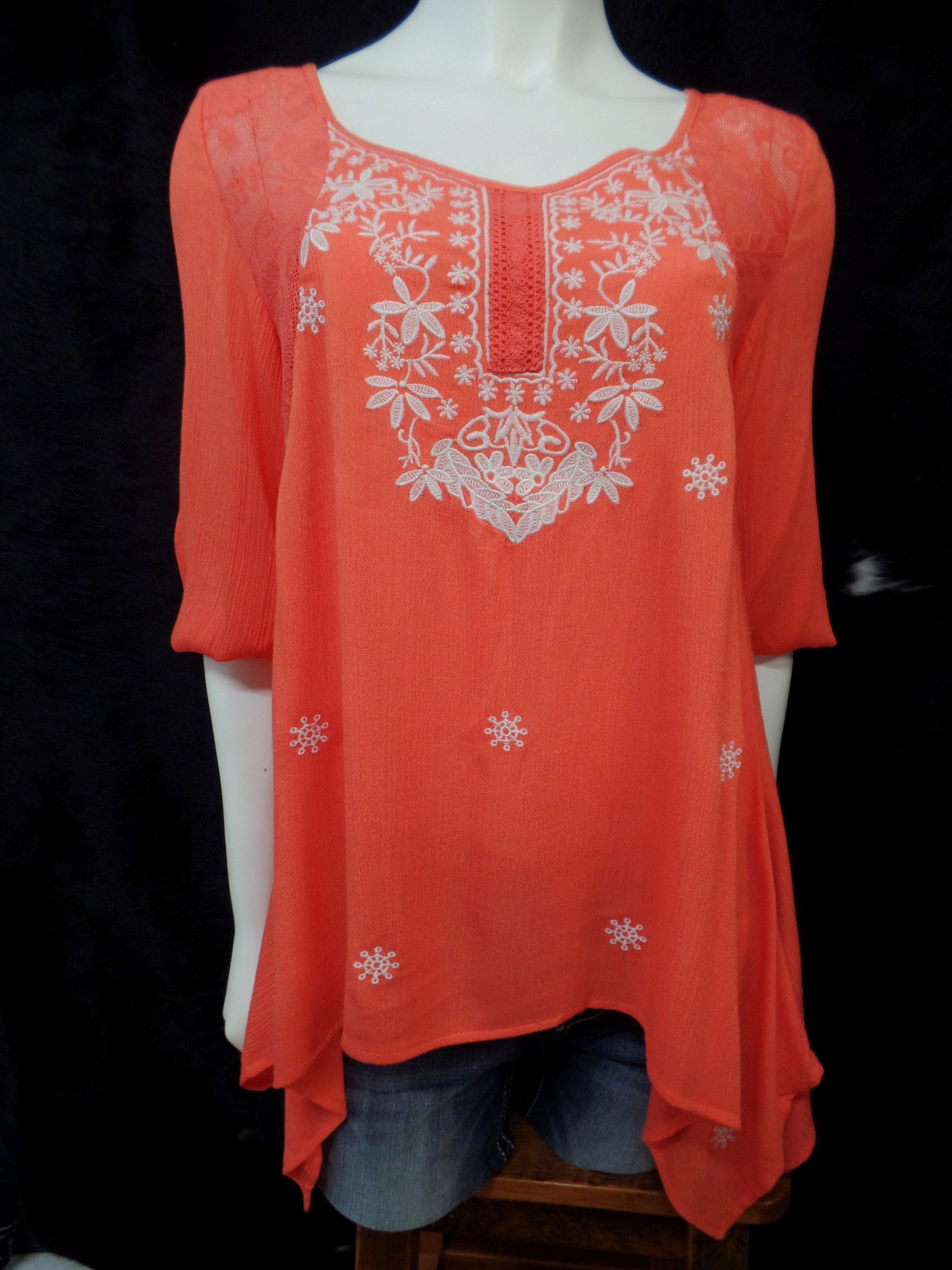 Orange Handkerchief Top With Embroidery & Lace