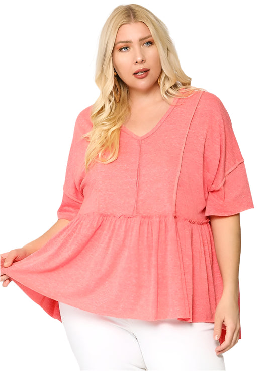 CORAL KNIT V-NECK PEPLUM TOP in PLUS SIZE