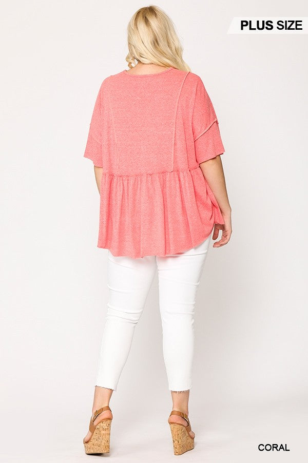 CORAL KNIT V-NECK PEPLUM TOP in PLUS SIZE