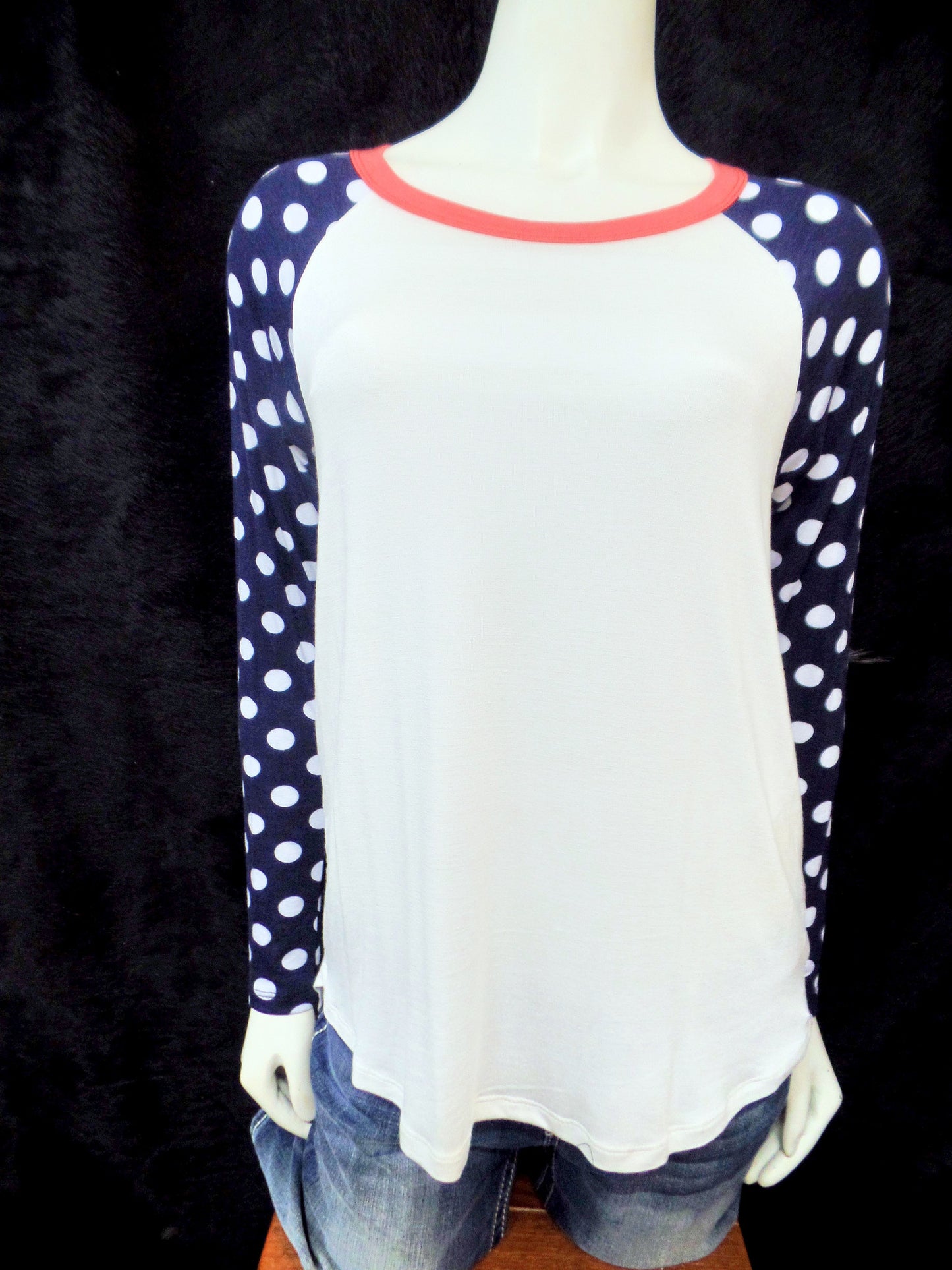 Long Sleeve Navy Polka Dot Top With Coral Trim