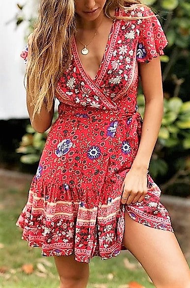 V Neck Short Wrap Swing Fit and Flare Dress in Red