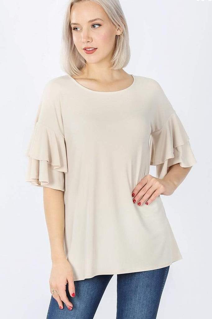Taupe Double Ruffle Sleeve Top