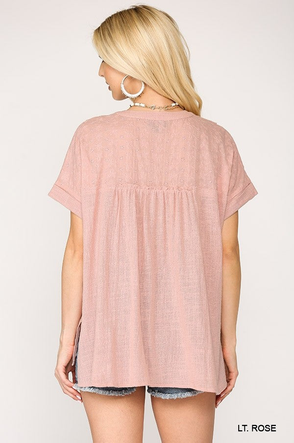 LOOSE FIT EYELET INSET TOP in LIGHT ROSE