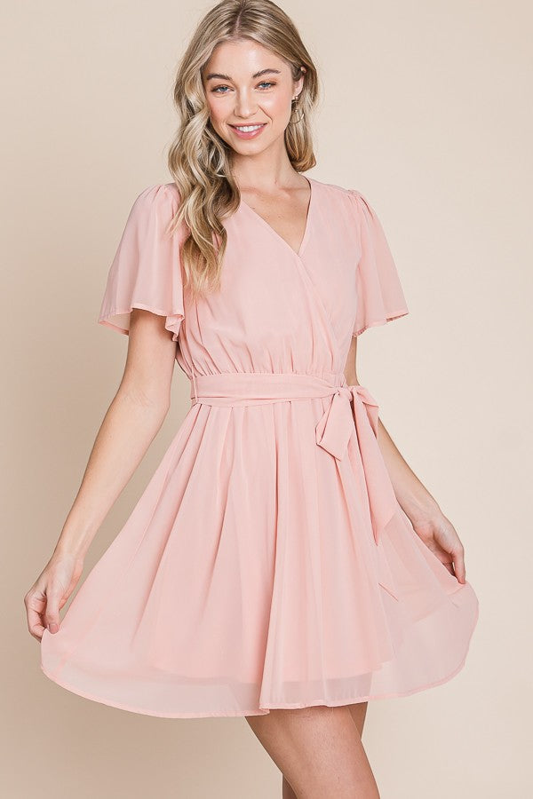 Cape Sleeve Surplice Mini Dress in Peach