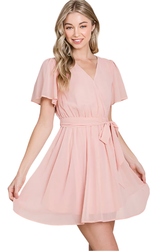 Cape Sleeve Surplice Mini Dress in Peach