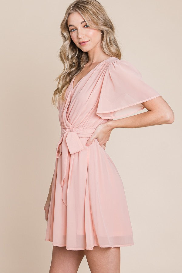 Cape Sleeve Surplice Mini Dress in Peach Small Cape Sleeve Surplice Mini Dress in Peach Small