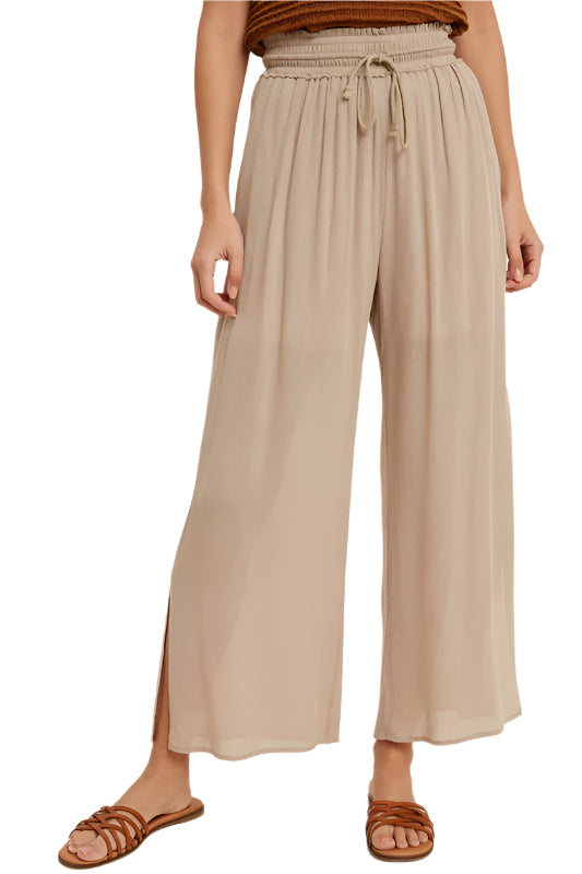 SMOCKED WAIST PANTS in TAUPE