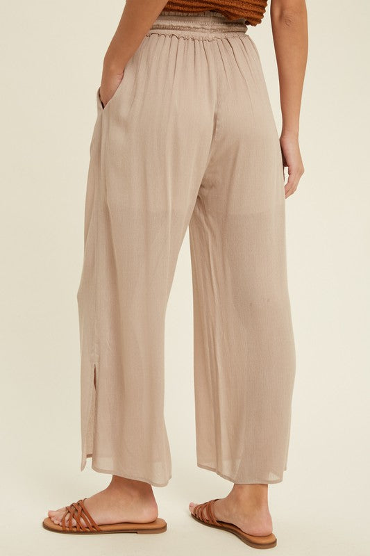 SMOCKED WAIST PANTS in TAUPE