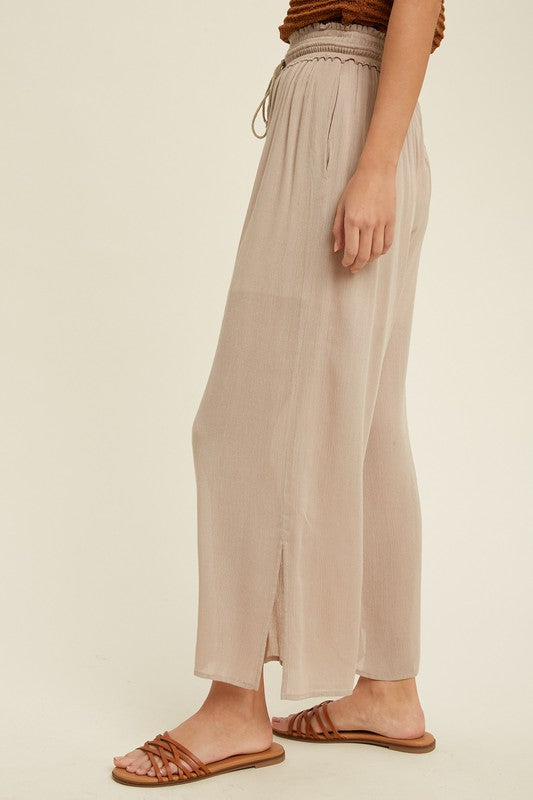 SMOCKED WAIST PANTS in TAUPE